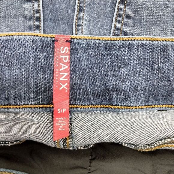 Spanx Pull on Jeggings Wmns S Blue Medium Wash Mid Rise Ankle Raw Hem Slimming - Picture 10 of 12